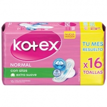 Toallitas Femeninas Kotex Normal con Alas 16 unidades